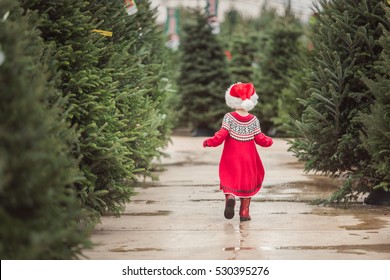 Little girl in red dress on the Christmas tree farm.