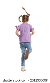 Little Girl Running On White Background, Back View