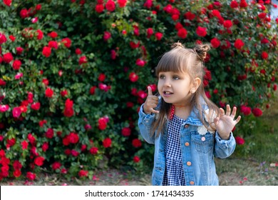 Little Girl Shows A Call Me Gesture. Sign Language. Pretty Baby. Girl In The Rose Bushes. The Emotions Of A Little Girl.