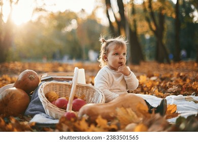 Little girl is sitting in the autumn park on the ground with butternut squash, basket of apples and pears. - Powered by Shutterstock