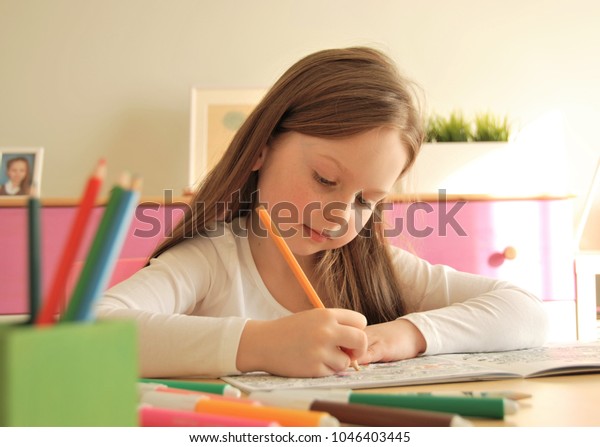 Little Girl Sitting Desk Drawing Colorful Stock Photo 1046403445 ...