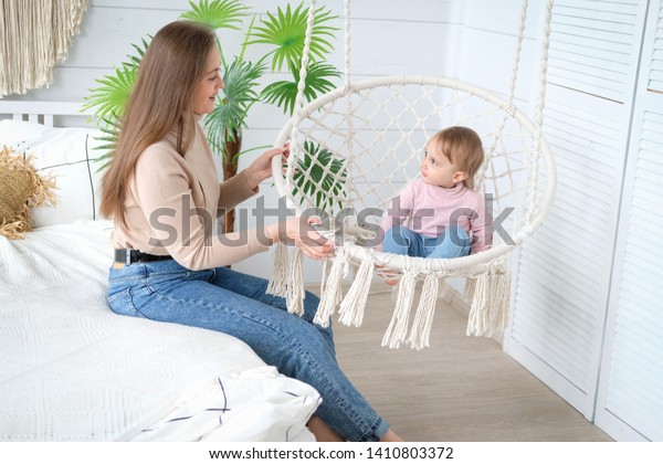 Little Girl Sitting Hanging Chair Bedroom Stock Photo Edit