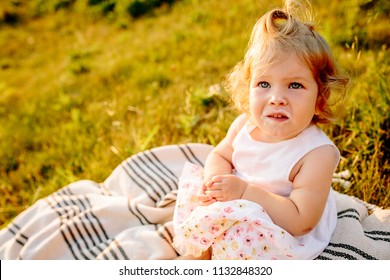 Little Girl Sitting On Blanket Park Stock Photo (Edit Now) 1132848278