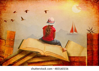 Little Girl sitting on the open books.She looks at sailing boat and migrating birds over the mountains.Childhood dreams, creature and education concept.Wondering world.Textured paper abstract collage