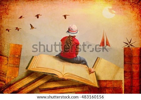 Little Girl sitting on the open books.She looks at sailing boat and migrating birds over the mountains.Childhood dreams, creature and education concept.Wondering world.Textured paper abstract collage
