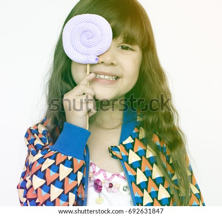 Similar – Young cheerful woman with a gift over her head