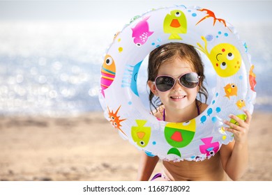 Little Girl Swimsuit Takes Lifebuoys Background Stock Photo 1168718092 ...
