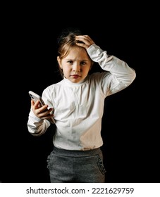 Little Girl Talking On Camera With Different Emotions On Black Background