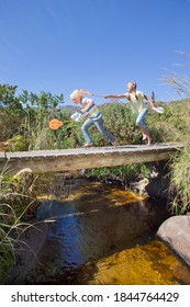 Little Girl Teasing Her Brother Using Fishing Net On A Wooden Bridge