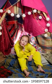 Little Girl In Tent Sleepover. Kids Home. Having Fun In Children Room.