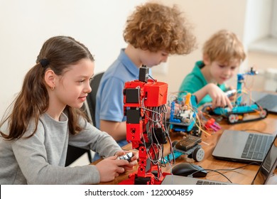 Happy Girl Looking Her Robot Successful Stock Photo (Edit Now) 1220004898