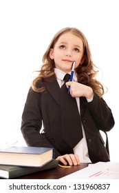 little girl as thoughtful  business woman with books and pen isolated on white background
