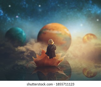 Little girl travelling through dream world, floating on a big fallen leaf; imaginationfantasy background; Elements of this image furnished by NASA - Shutterstock ID 1855711123