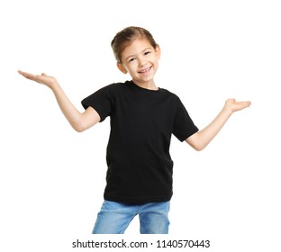 Little Girl In T-shirt On White Background. Mockup For Design