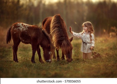 little girl and two horse