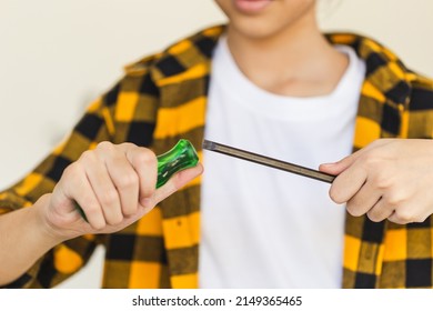 Little Girl Using A Screwdriver Fixing Bike In Workshop, Kid Girl Repairing Her Bicycle At Garage, Hobby And Repair Concepts