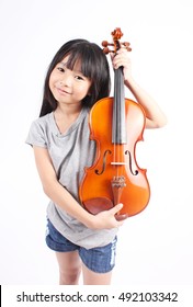 Little Girl With Violin Isolated On White Background