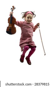 little girl with violin jumping isolated on white
