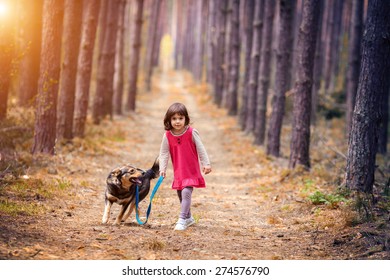 Little girl walking with dog in the forest