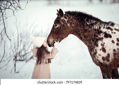 little girl is walking with a horse in winter
