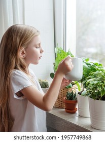 Little Girl Watering Houseplants In Her House