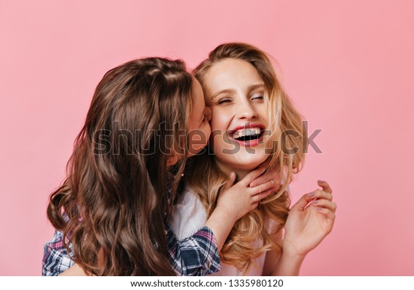 Little Girl Wavy Hair Kisses Laughing Stock Photo Edit Now