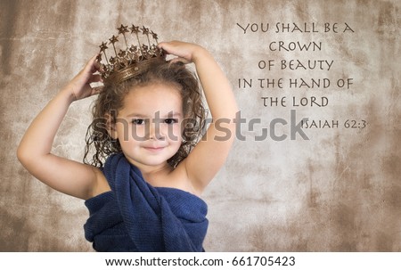 Little girl wearing crown with Bible verse on grunge background