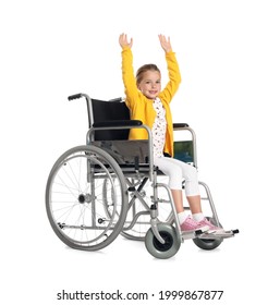 Little Girl In Wheelchair On White Background