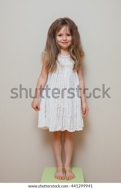 Little Girl White Knitting Dress Long Stock Photo Edit Now 441299941