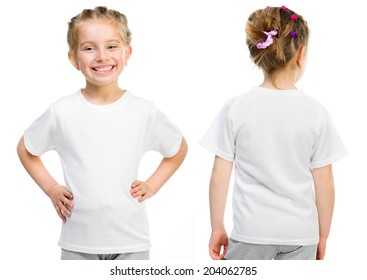 Little girl in a white T-shirt isolated on white background, front and back - Shutterstock ID 204062785