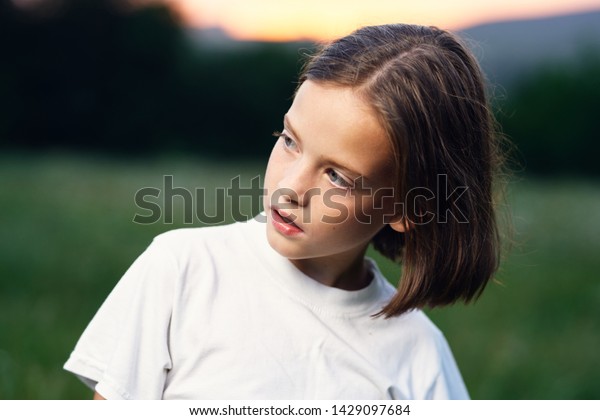 Little Girl White Tshirt Short Haircut Stock Photo Edit Now