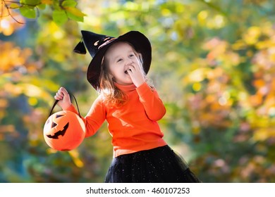 Little Girl In Witch Costume Playing In Autumn Park. Child Having Fun At Halloween Trick Or Treat. Kids Trick Or Treating. Toddler Kid With Jack-o-lantern. Children With Candy Bucket In Fall Forest.