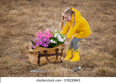 Little girl in a yellow raincoat, boots and striped leggings dragging a large brown bag with flowers and a shovel. Children and nature. - Powered by Shutterstock