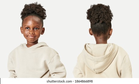 Little girls in beige hoodie