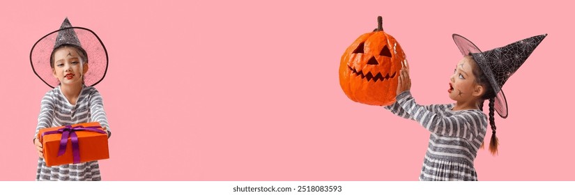 Little girls dressed for Halloween on pink background with space for text - Powered by Shutterstock