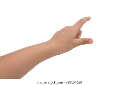 A little girl's hand touches the virtual screen. Touch screen gesture. Isolated on white.