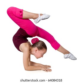 little gymnast on a white background.sporting exercise .stretch.flexibility.aerobics