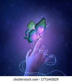 Little hand with fantasy butterfly on a starry night. Photomanipulation. 3D render.