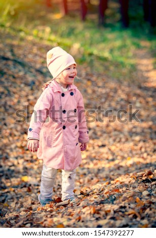 Little happy girl in autumn park. The four-year cheerful girl walking in the forest during bright sunset in autumn