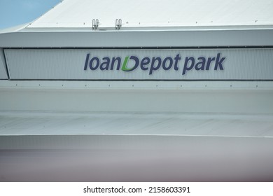 Little Havana, Miami, FL, USA - February 27, 2021: LoanDepot Park Retractable Roof Stadium Arena Exterior Home Of Major League Baseball's Miami Marlins