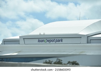 Little Havana, Miami, FL, USA - February 27, 2021: LoanDepot Park Retractable Roof Stadium Arena Exterior Home Of Major League Baseball's Miami Marlins