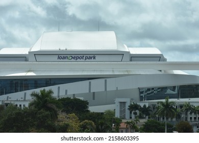 Little Havana, Miami, FL, USA - February 27, 2021: LoanDepot Park Retractable Roof Stadium Arena Exterior Home Of Major League Baseball's Miami Marlins