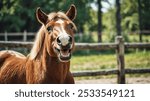 Little horse at small latvian zoo. Horse smile. Horse showing teeth, smiling horse, funny horses, funny animal face. laugh animal