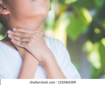 Little Ill Boy Get Sore Throat With Unhappy. Allergy Concept