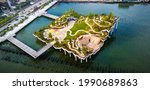 Little Island park at Pier 55 in New York, an artificial island park in the Hudson River west of Manhattan in New York City, adjoining Hudson River Park aerial view