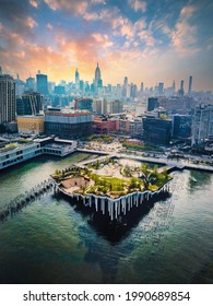 Little Island park at Pier 55 in New York, an artificial island park in the Hudson River west of Manhattan in New York City, adjoining Hudson River Park aerial view - Shutterstock ID 1990689854