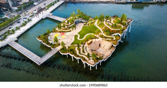 Little Island park at Pier 55 in New York, an artificial island park in the Hudson River west of Manhattan in New York City, adjoining Hudson River Park aerial view - Shutterstock ID 1990689863