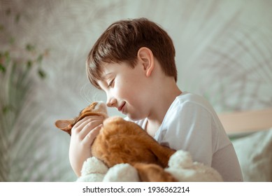 Little Kid Boy Holding And Hugging Red Cat Somali Breed Kitten. People Children Kids With Pets Concept. Lifestyle Authentic Image