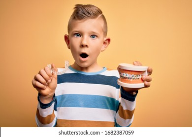 Little Kid Boy Holding Professional Orthodontic Denture With Metal Braces And Removable Invisible Aligner. Comparation Of Two Dental Straighten Treatments