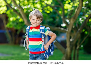 Little Kid Boy With School Satchel On First Day To School